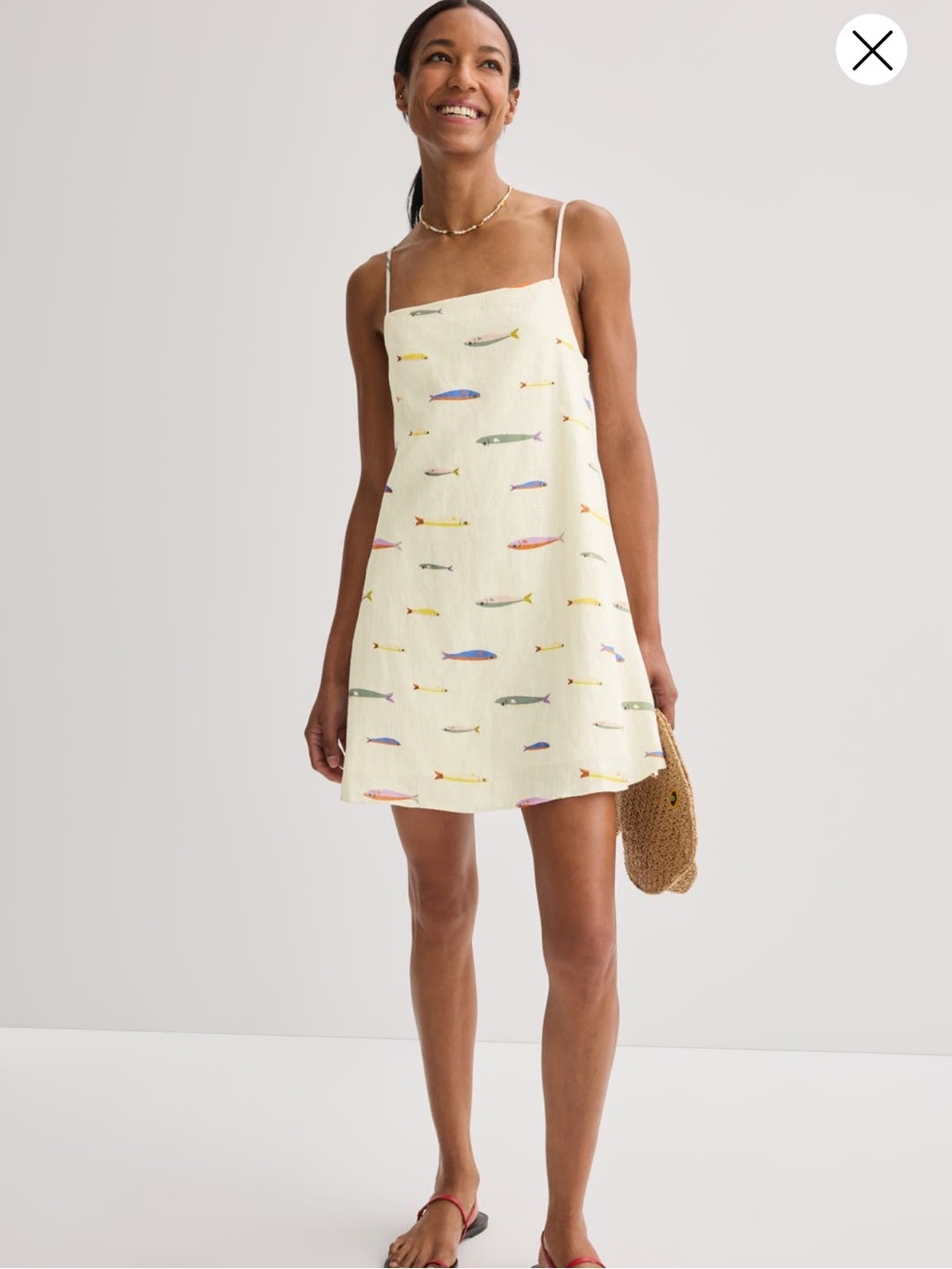STAUD Laura Linen Mini Dress Fish Sardine Colorful Print